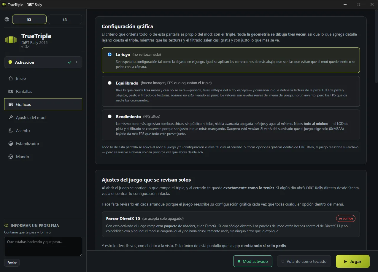 Pantalla de gráficos: dejar tu configuración o elegir uno de los dos presets, y los ajustes del juego que se revisan solos.