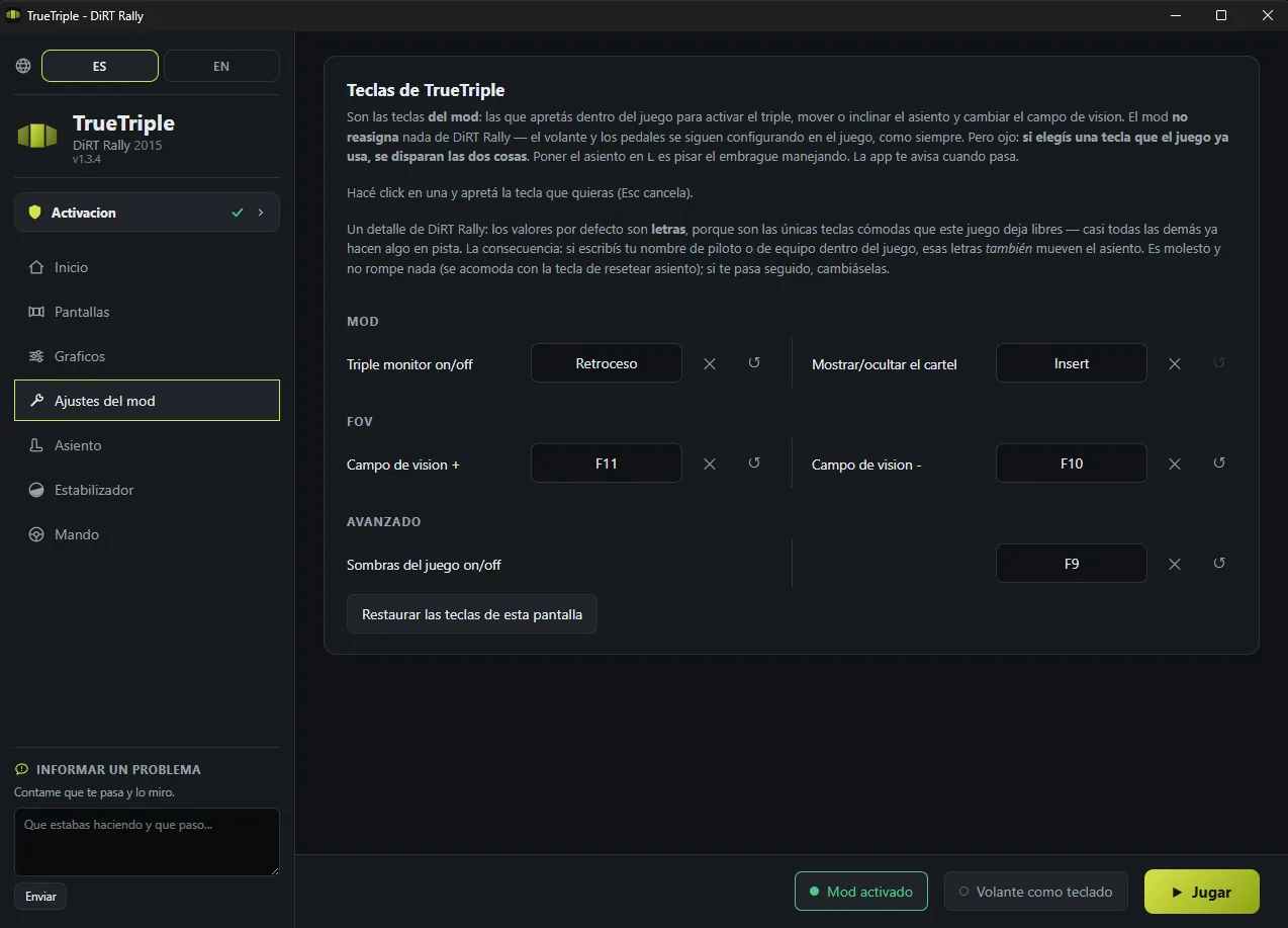 Pantalla de teclas del mod: prender el triple, mostrar el cartel y mover el campo de visión.