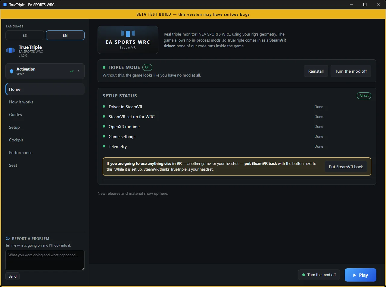 Pantalla de inicio: el interruptor del modo triple, el estado de la instalación con las cinco cosas que tienen que estar puestas, y el botón Jugar.