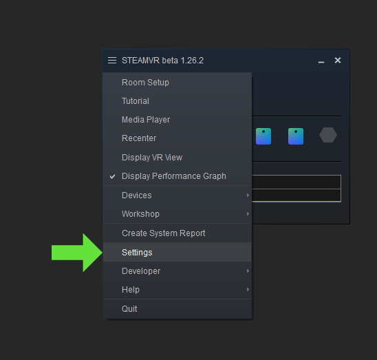 El menú de SteamVR con la opción Settings señalada