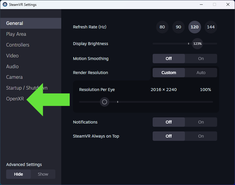 La ventana de configuración de SteamVR con la pestaña OpenXR señalada en la lista de la izquierda