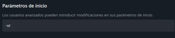 La caja Parámetros de inicio de las propiedades de WRC en Steam, con -vr escrito adentro.